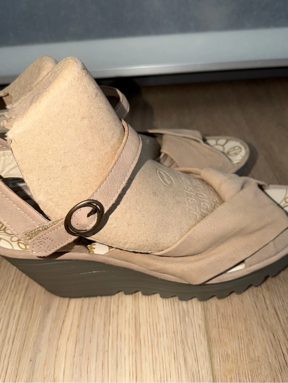 Fly London Yesh Neutral Tan Wedge Sandals with Adjustable Ankle Strap